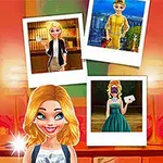 Fată blondă animată zâmbitoare, cu colaj de trei poze Polaroid în fundal arătând diverse ținute
