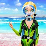 Persoană cu costum de scafandru verde-lime și mască de scufundare, făcând semnul păcii pe o plajă cu mare albastră în fundal