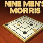 Planșă de joc cu piese negre și albe pe un fundal maro, cu titlul Nine Mens Morris deasupra