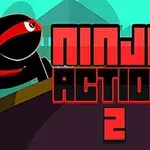 Un ninja stilizat cu o bandană roșie se pregătește de acțiune lângă textul Ninja Action 2 pe un fundal simplu