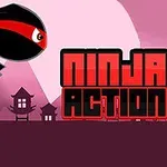 Un ninja stilizat, cu o mască roșie, sare în fața unui peisaj cu siluete de clădiri și un fundal roz, alături de textul Ninja Action