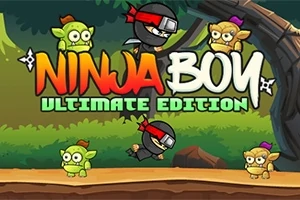 Personaj ninja și creaturi verzi stilizate într-un decor de pădure, cu un titlu colorat central