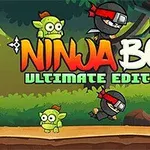 Personaj ninja și creaturi verzi stilizate într-un decor de pădure, cu un titlu colorat central