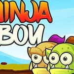 Ninja desenat confruntându-se cu doi monștri colorați, cu text stilizat deasupra