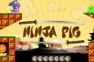 Porc mov stă pe o platformă plină de iarbă cu un peisaj oriental în fundal și un text decorativ între două săbii katana