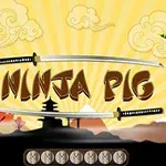 Porc mov stă pe o platformă plină de iarbă cu un peisaj oriental în fundal și un text decorativ între două săbii katana