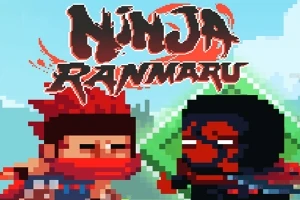 Două figuri de ninja în stil pixel art, una cu păr roșu și mască roșie, cealaltă în negru și roșu, cu titlul Ninja Ranmaru deasupra