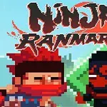 Două figuri de ninja în stil pixel art, una cu păr roșu și mască roșie, cealaltă în negru și roșu, cu titlul Ninja Ranmaru deasupra