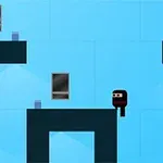 Caracter cubic negru acoperit cu mască, plasat într-un mediu albastru cu platforme dreptunghiulare și ferestre