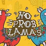 Două lame colorate, una roșie și una albastră, cu expresii vesele, înconjurate de textul No Prob Lamas pe un fundal galben cu cactuși