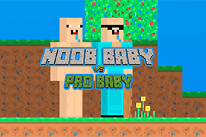 Două personaje cu aspect pixelat se află pe un teren cubic, cu un copac și flori în fundal, având textul Noob Baby vs Pro Baby suprapus