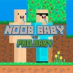 Două personaje cu aspect pixelat se află pe un teren cubic, cu un copac și flori în fundal, având textul Noob Baby vs Pro Baby suprapus