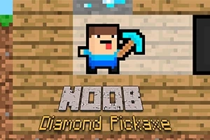 Personaj pixelat cu un târnăcop albastru, pe un fundal de lemn, cu textul NOOB Diamond Pickaxe dedesubt