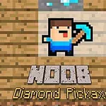 Personaj pixelat cu un târnăcop albastru, pe un fundal de lemn, cu textul NOOB Diamond Pickaxe dedesubt
