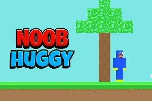 Personaj blocat albastru lângă un copac pixelat, cu textul Noob Huggy în colțul stânga sus