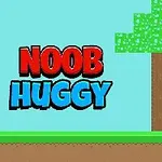 Personaj blocat albastru lângă un copac pixelat, cu textul Noob Huggy în colțul stânga sus