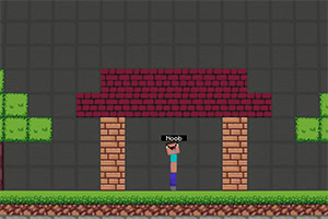 Un personaj pixelat stă sub un acoperiș de cărămidă roșie, flancat de doi copaci verzi