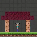 Un personaj pixelat stă sub un acoperiș de cărămidă roșie, flancat de doi copaci verzi