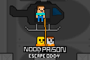 Un personaj pixelat este agățat de o coardă atașată la un elicopter, cu alți doi caractere pixelate dedesubt și textul „NOOB PRISON ESCAPELOGY” în prim-plan