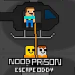Un personaj pixelat este agățat de o coardă atașată la un elicopter, cu alți doi caractere pixelate dedesubt și textul „NOOB PRISON ESCAPELOGY” în prim-plan