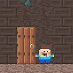 Un personaj pixelat stă lângă o ușă din lemn pe un fundal de perete de cărămidă maro