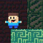 Personaj pixelat cu tricou albastru pe un fundal pixelat de culoare închisă și verde