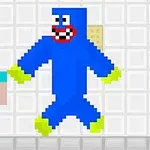 Personaj pixelat într-o cameră albă lângă o creatură albastră cu mâini și picioare galbene