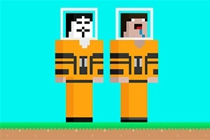 Două personaje pixelate în costume portocalii cu caschete pe un fundal albastru
