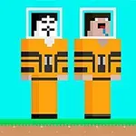 Două personaje pixelate în costume portocalii cu caschete pe un fundal albastru