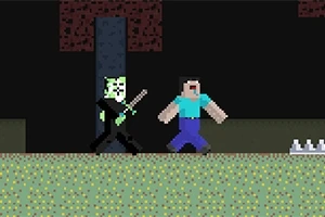 Personaje stil pixel, unul cu față verde și sabie, alături de altul cu tricou albastru, pe un fundal întunecat