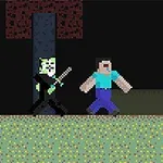 Personaje stil pixel, unul cu față verde și sabie, alături de altul cu tricou albastru, pe un fundal întunecat