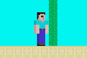 Personaj pixelat cu pantaloni albaștri și tricou turcoaz lângă un cactus verde pe un fundal albastru deschis