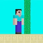 Personaj pixelat cu pantaloni albaștri și tricou turcoaz lângă un cactus verde pe un fundal albastru deschis