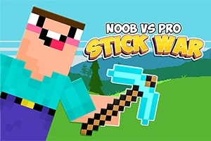 Personaj pixelat cu un târnăcop turcoaz pe un fundal verde și albastru, cu textul Noob vs Pro Stick War