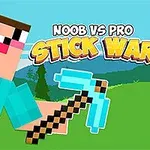 Personaj pixelat cu un târnăcop turcoaz pe un fundal verde și albastru, cu textul Noob vs Pro Stick War
