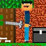 Personaje pixilate lângă un copac, cu unul ținând o sabie, iar celălalt cu o ținută verde, un cufăr negru și un craniu pe jos