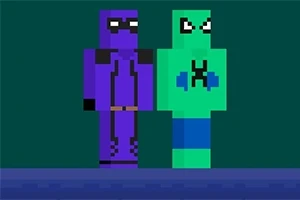 Două personaje cu aspect pixelat, unul mov cu mască și altul verde cu un X negru pe piept, stau alături pe un fundal verde