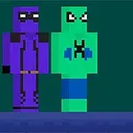 Două personaje cu aspect pixelat, unul mov cu mască și altul verde cu un X negru pe piept, stau alături pe un fundal verde