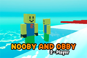 Două personaje cu cap pătrat și fețe zâmbitoare pe un fundal albastru, cu titlul NOOBY AND OBBY 2 - Player în partea de jos