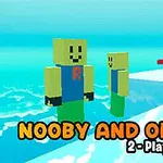 Două personaje cu cap pătrat și fețe zâmbitoare pe un fundal albastru, cu titlul NOOBY AND OBBY 2 - Player în partea de jos