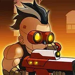 Personaj de desen animat cu păr mohawk și ochelari futuristici, ținând o armă sci-fi într-un decor industrial
