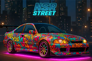 Mașină sport cu grafică graffiti colorată, iluminată de lumini neon roz pe un fundal urban nocturn