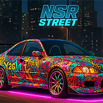 Mașină sport cu grafică graffiti colorată, iluminată de lumini neon roz pe un fundal urban nocturn