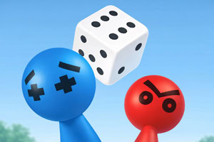 Două figurine colorate, una albastră și una roșie, privesc un zar alb cu puncte negre suspendat deasupra lor pe un fundal albastru