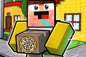Personaj pixelat ținând o cutie de pizza pe o stradă cu case colorate