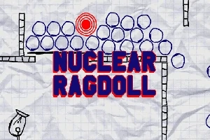 Textul NUCLEAR RAGDOLL pe un fundal de hârtie cu elemente grafice albastre și o țintă roșie deasupra
