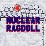 Textul NUCLEAR RAGDOLL pe un fundal de hârtie cu elemente grafice albastre și o țintă roșie deasupra