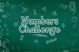 Textul Numbers Challenge scris pe o tablă verde, înconjurat de simboluri matematice și desene albe