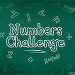 Textul Numbers Challenge scris pe o tablă verde, înconjurat de simboluri matematice și desene albe