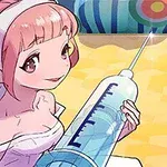 Personaj anime cu păr roz ținând o seringă mare, pe fundal colorat